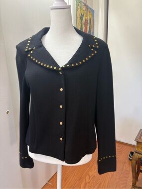 St. John Black Knit Blazer with Gold Stud Detailing